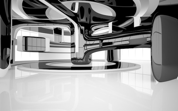 Espacio público interior abstracto de varios niveles en blanco y negro con ilustración y renderizado en 3D de ventanas