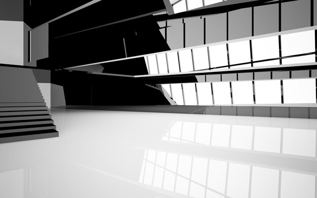 Espacio público interior abstracto de varios niveles en blanco y negro con ilustración y renderizado en 3D de ventanas