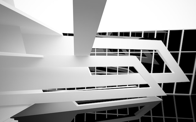 Espacio público interior abstracto de varios niveles en blanco y negro con ilustración y renderizado en 3D de ventanas