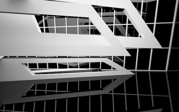 Espacio público interior abstracto de varios niveles en blanco y negro con ilustración y renderizado en 3D de ventanas