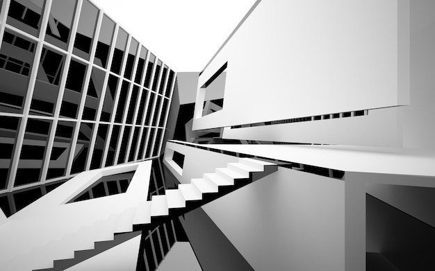 Espacio público interior abstracto de varios niveles en blanco y negro con ilustración y renderizado en 3D de ventanas