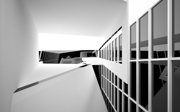 Espacio público interior abstracto de varios niveles en blanco y negro con ilustración y renderizado en 3D de ventanas