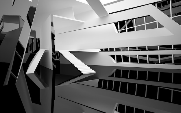 Espacio público interior abstracto de varios niveles en blanco y negro con ilustración y renderizado en 3D de ventanas