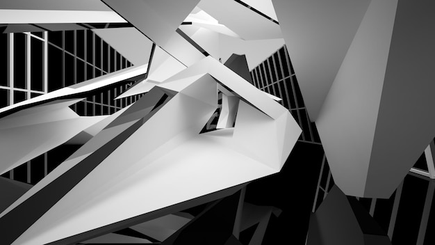 Espacio público interior abstracto de varios niveles en blanco y negro con ilustración y renderizado en 3D de ventanas