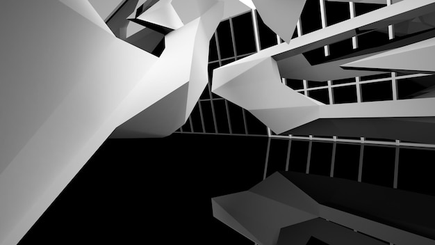 Espacio público interior abstracto de varios niveles en blanco y negro con ilustración y renderizado en 3D de ventanas