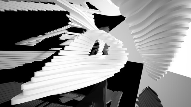 Espacio público interior abstracto de varios niveles en blanco y negro con ilustración y renderizado en 3D de ventanas