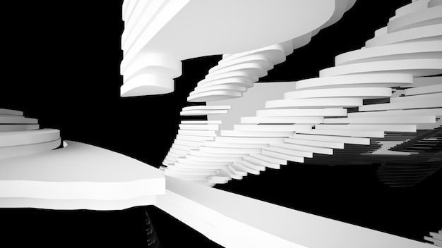 Espacio público interior abstracto de varios niveles en blanco y negro con ilustración y renderizado en 3D de ventanas