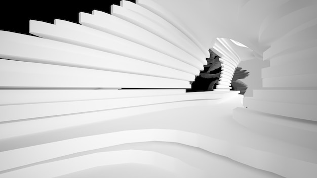 Espacio público interior abstracto de varios niveles en blanco y negro con ilustración y renderizado en 3D de ventanas