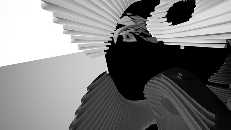 Foto espacio público interior abstracto de varios niveles en blanco y negro con ilustración y renderizado en 3d de ventanas
