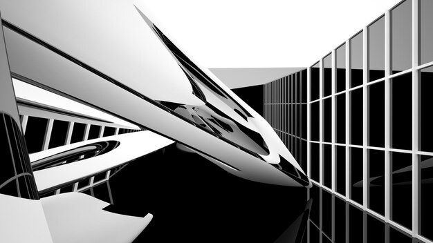 Foto espacio público interior abstracto de varios niveles en blanco y negro con ilustración y renderizado en 3d de ventanas