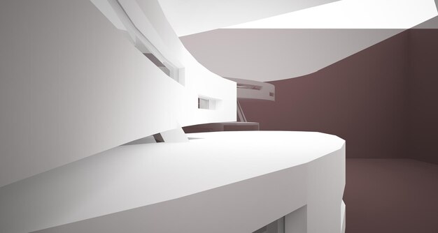 Espacio público interior abstracto de varios niveles en blanco y negro con ilustración y renderizado en 3D de ventanas