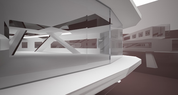 Espacio público interior abstracto de varios niveles en blanco y negro con ilustración y renderizado en 3D de ventanas