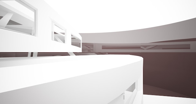 Espacio público interior abstracto de varios niveles en blanco y negro con ilustración y renderizado en 3D de ventanas