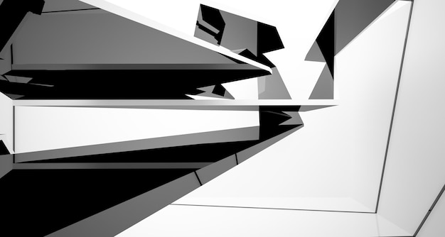 Espacio público interior abstracto de varios niveles en blanco y negro con ilustración y renderizado en 3D de ventanas