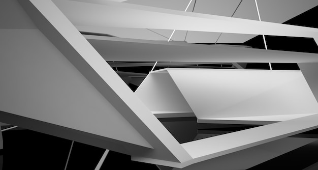 Espacio público interior abstracto de varios niveles en blanco y negro con ilustración y renderizado en 3D de ventanas