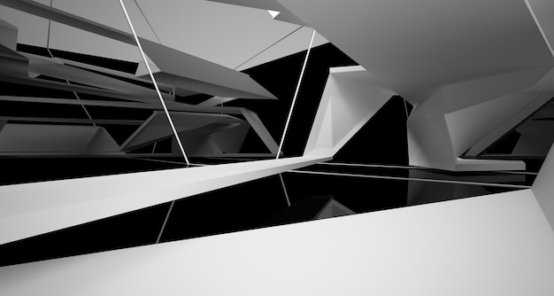 Espacio público interior abstracto de varios niveles en blanco y negro con ilustración y renderizado en 3D de ventanas