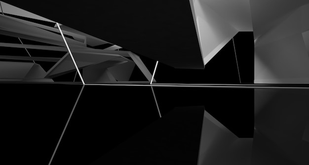 Espacio público interior abstracto de varios niveles en blanco y negro con ilustración y renderizado en 3D de ventanas