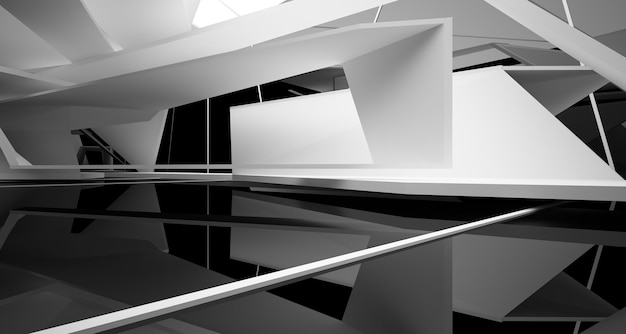 Espacio público interior abstracto de varios niveles en blanco y negro con ilustración y renderizado en 3D de ventanas