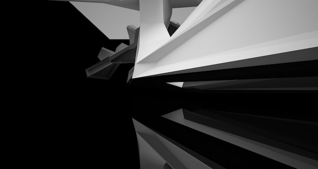 Espacio público interior abstracto de varios niveles en blanco y negro con ilustración y renderizado en 3D de ventanas