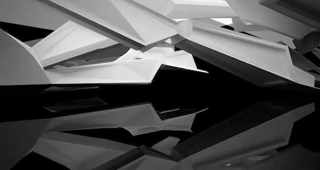 Espacio público interior abstracto de varios niveles en blanco y negro con ilustración y renderizado en 3D de ventanas