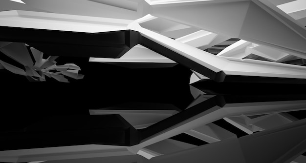 Espacio público interior abstracto de varios niveles en blanco y negro con ilustración y renderizado en 3D de ventanas