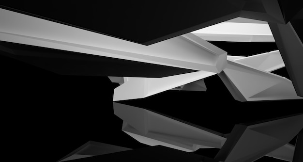 Espacio público interior abstracto de varios niveles en blanco y negro con ilustración y renderizado en 3D de ventanas