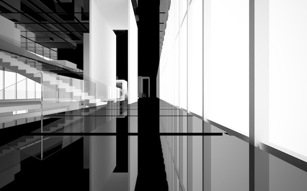 Espacio público interior abstracto de varios niveles en blanco y negro con ventana. Ilustración y renderizado 3D