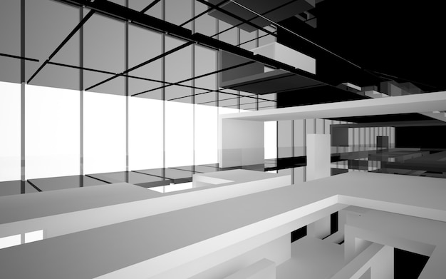 Espacio público interior abstracto de varios niveles en blanco y negro con ventana. Ilustración y renderizado 3D