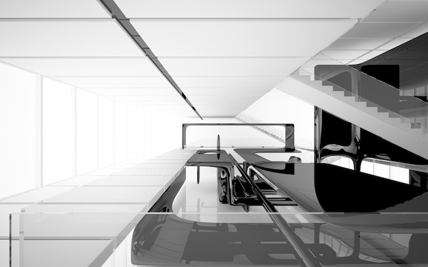 Espacio público interior abstracto de varios niveles en blanco y negro con ventana. Ilustración y renderizado 3D