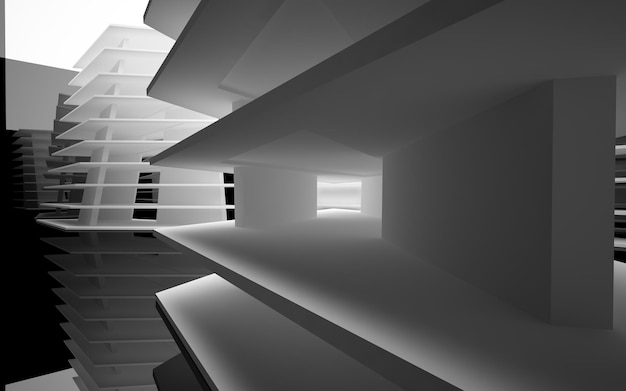 Espacio público interior abstracto de varios niveles en blanco y negro con ventana. Ilustración y renderizado 3D