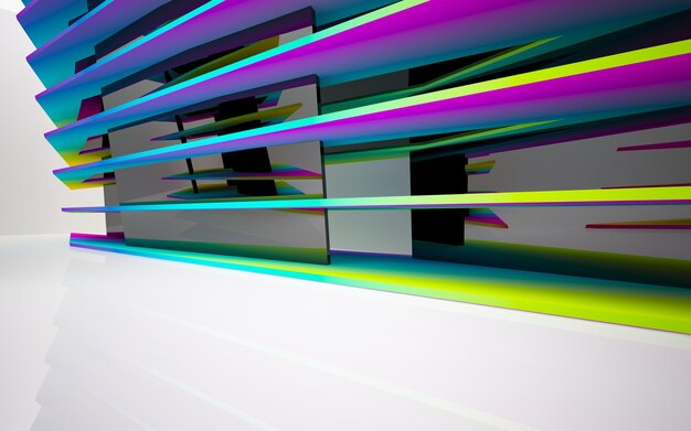 Espacio público interior de varios niveles con ventana, degradado blanco y coloreado abstracto. Ilustración 3D