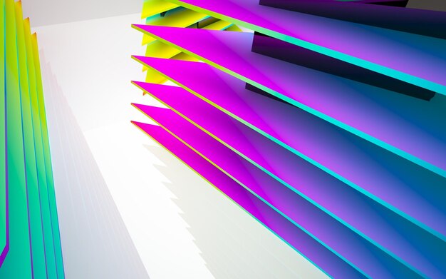 Espacio público interior de varios niveles con ventana, degradado blanco y coloreado abstracto. Ilustración 3D