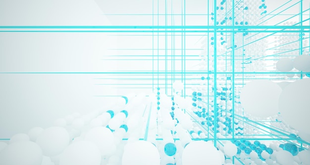 Espacio público multinivel interior degradado blanco y coloreado abstracto de esferas de matriz con ventana