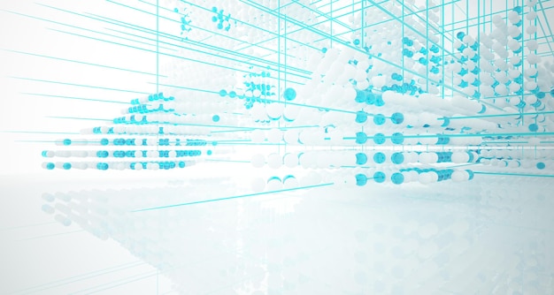 Espacio público multinivel interior degradado blanco y coloreado abstracto de esferas de matriz con ventana