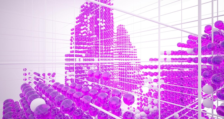 Foto espacio público multinivel interior degradado blanco y coloreado abstracto de esferas de matriz con ventana