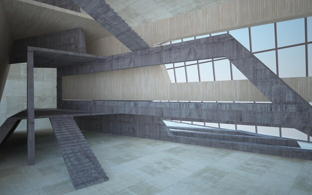 Espacio público de varios niveles interior abstracto de hormigón y madera con iluminación de neón ilustración 3D