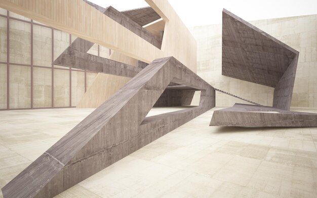 Espacio público de varios niveles interior abstracto de hormigón y madera con iluminación de neón ilustración 3D