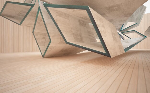 Espacio público de varios niveles interior abstracto de hormigón y madera con ventana. Ilustración 3D y renderizado