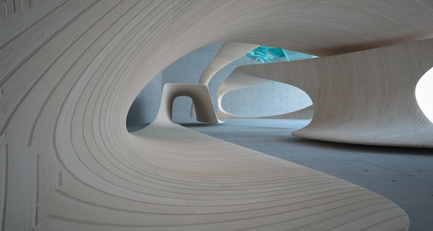 Espacio público de varios niveles interior abstracto de hormigón y madera con ventana Ilustración 3D y representación