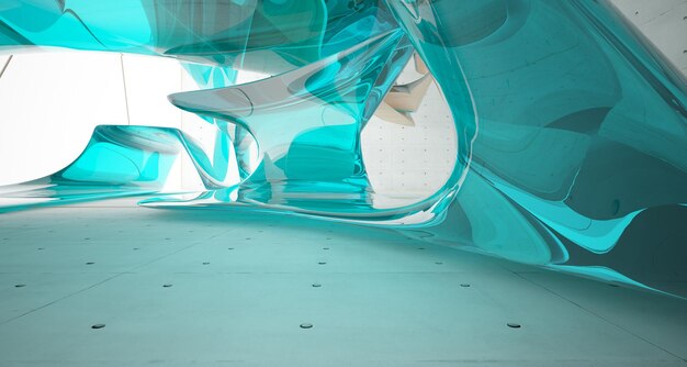 Espacio público de varios niveles interior abstracto de hormigón y madera con ventana Ilustración 3D y representación