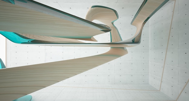 Espacio público de varios niveles interior abstracto de hormigón y madera con ventana Ilustración 3D y representación