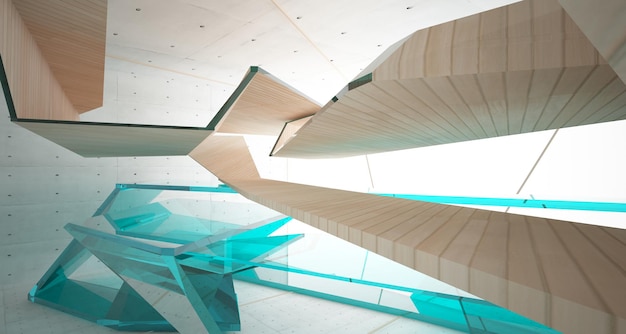 Espacio público de varios niveles interior abstracto de hormigón y madera con ventana Ilustración 3D y representación