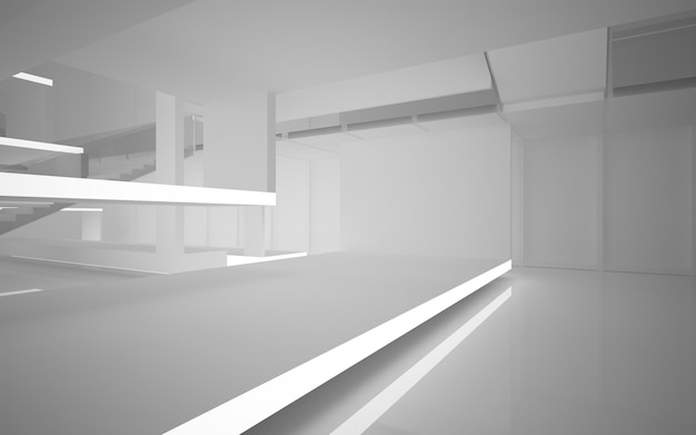 Espacio público de varios niveles interior blanco abstracto con iluminación de neón. Ilustración y renderizado 3D.