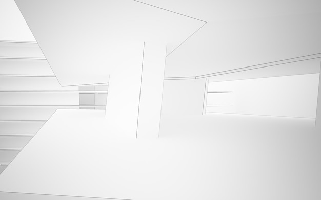 Espacio público de varios niveles interior blanco abstracto con iluminación de neón. Ilustración y renderizado 3D.
