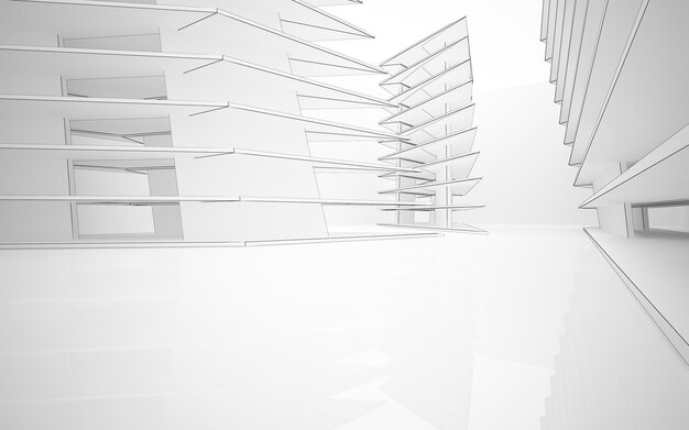 Espacio público de varios niveles interior blanco abstracto con iluminación de neón. Ilustración y renderizado 3D.