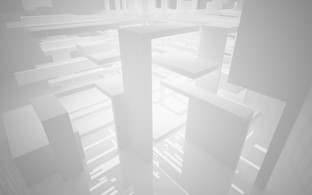 Espacio público de varios niveles interior blanco abstracto con ilustración y renderizado 3D de ventana