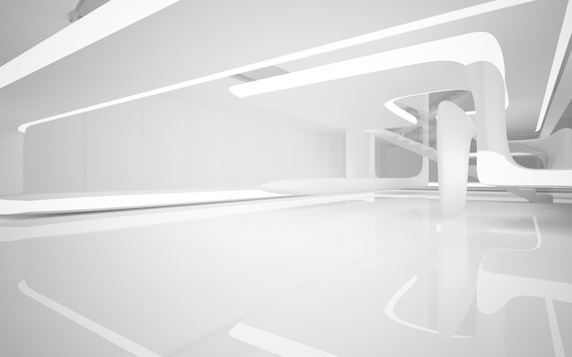 Espacio público de varios niveles interior blanco abstracto con ventana. Ilustración y renderizado 3D.