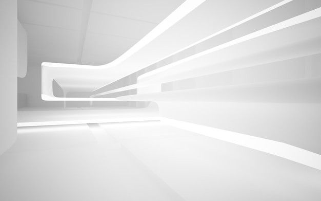 Espacio público de varios niveles interior blanco abstracto con ventana. Ilustración y renderizado 3D.