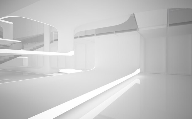 Espacio público de varios niveles interior blanco abstracto con ventana. Ilustración y renderizado 3D.