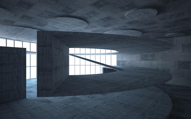 Espacio público de varios niveles interior blanco y concreto abstracto con ventana. Ilustración 3D y renderizado